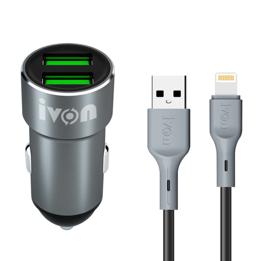 IVON CC38 Chargeur de Voiture Double USB 2.4A + Câble de Charge Rapide et de Données USB vers 8 Broches 1m, 8 Broches
