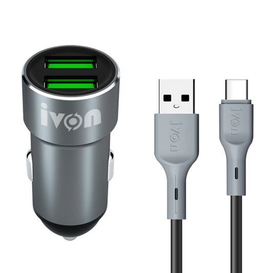 IVON CC38 2.4A Double chargeur de voiture USB + Câble de charge rapide et de données USB vers USB-C / Type-C de 1 m, USB-C / Type-C