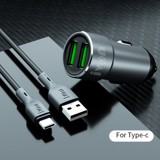 IVON CC38 2.4A Double chargeur de voiture USB + Câble de charge rapide et de données USB vers USB-C / Type-C de 1 m, USB-C / Type-C