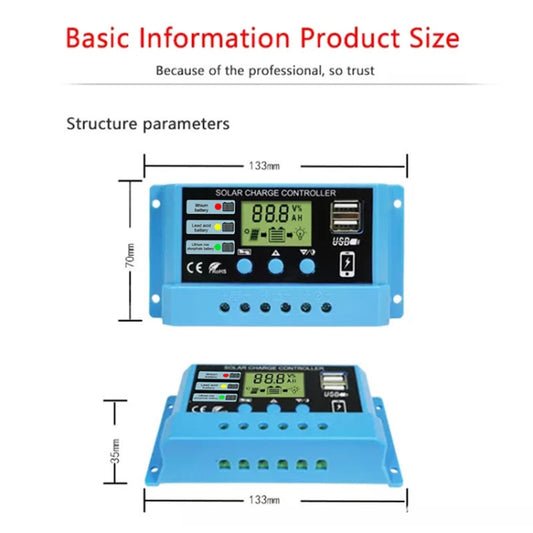 30A Solar Charge Controller 12V / 24V Lithium Lead-Acid Battery Charge Discharge PV Controller, with Indicator Light, 30A, with Indicator Light