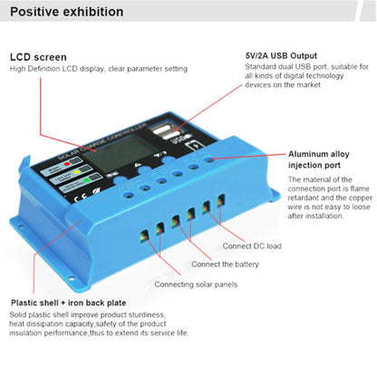 30A Solar Charge Controller 12V / 24V Lithium Lead-Acid Battery Charge Discharge PV Controller, with Indicator Light, 30A, with Indicator Light