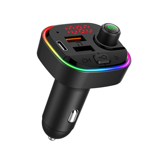 Chargeur de voiture multifonctionnel C13 double USB PD à charge rapide, transmetteur FM Bluetooth avec lumière d'ambiance, C13