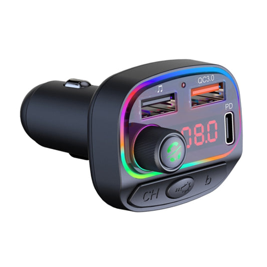 C14 Chargeur USB de voiture multifonctionnel double QC3.0+PD18W transmetteur FM Bluetooth avec lumière d'ambiance, C14