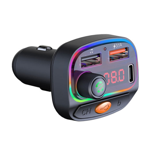 C15 Chargeur USB double 3,1 A + type C multifonctionnel de voiture Transmetteur Bluetooth FM avec lumière d'ambiance, C15