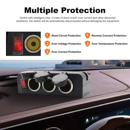 3 in 1 12-24V 16A Car Cigarette Lighter Socket with Overload Protection Switch Control, 3 in 1 12-24V 16A
