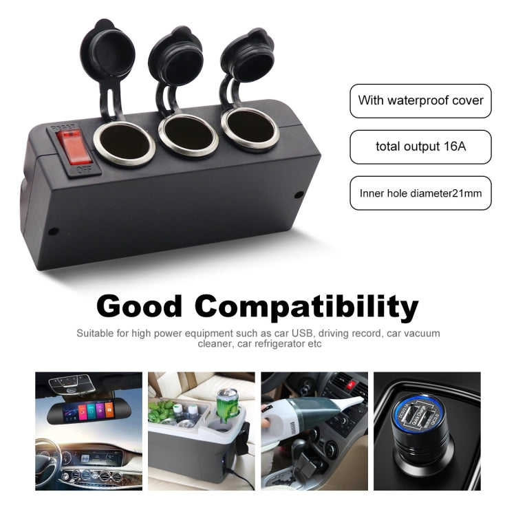 3 in 1 12-24V 16A Car Cigarette Lighter Socket with Overload Protection Switch Control, 3 in 1 12-24V 16A