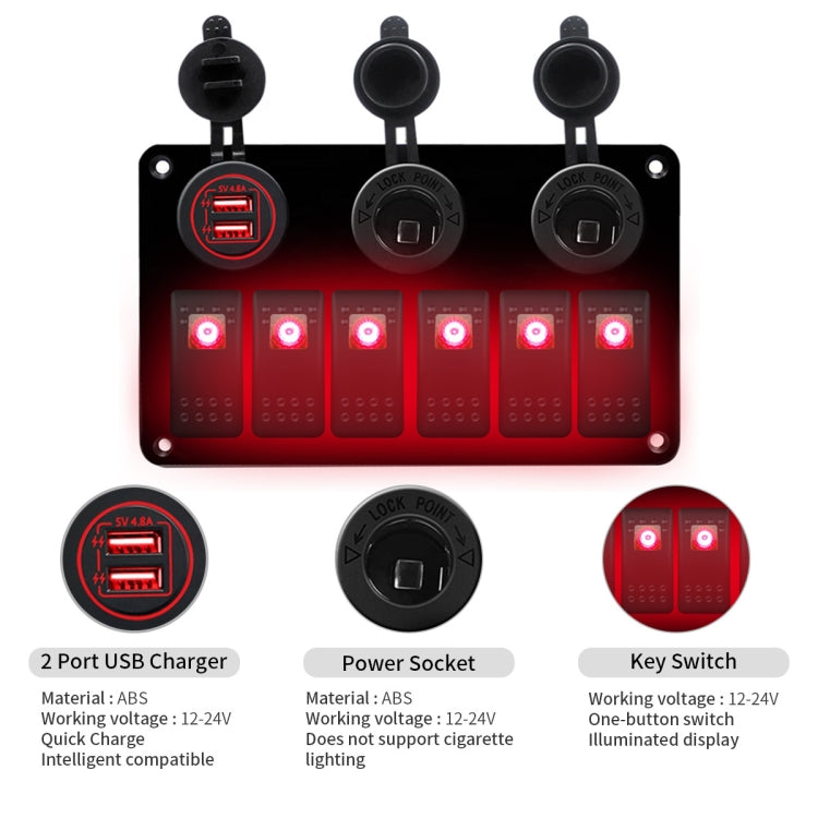Panneau de commutation combiné multifonctionnel 12V / 24V, 6 interrupteurs + double chargeur USB pour voiture, camping-car, bateau marin, 6 voies (lumière bleue), 6 voies (lumière verte), 6 voies (lumière rouge)