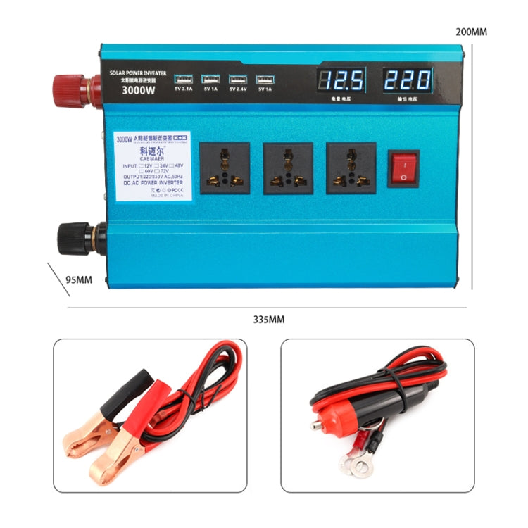 Carmaer 12V to 220V 3000W Intelligent Fan Car Double Digital Display Inverter Household Power Converter, 12V to 220V 3000W