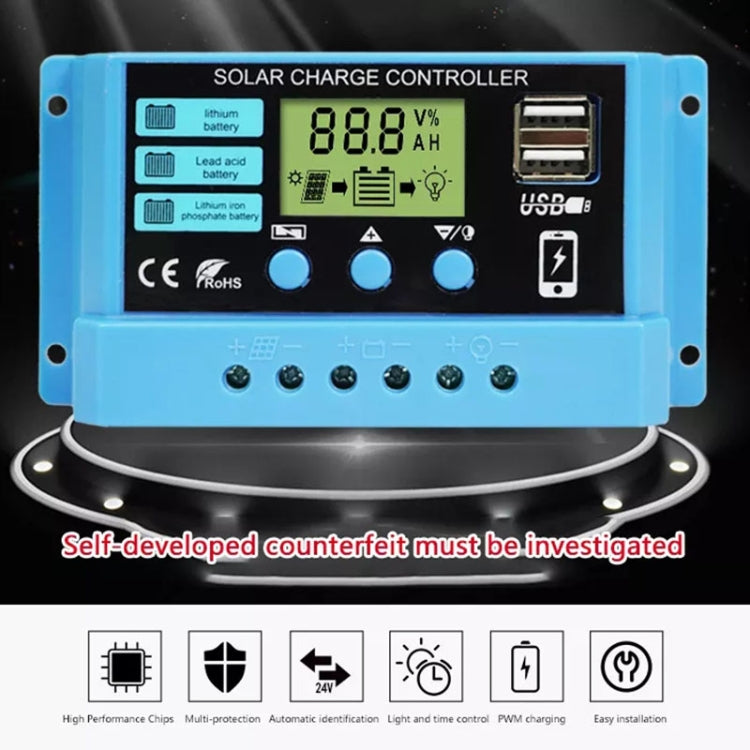 20A Solar Charge Controller 12V / 24V Lithium Lead-Acid Battery Charge Discharge PV Controller, 20A