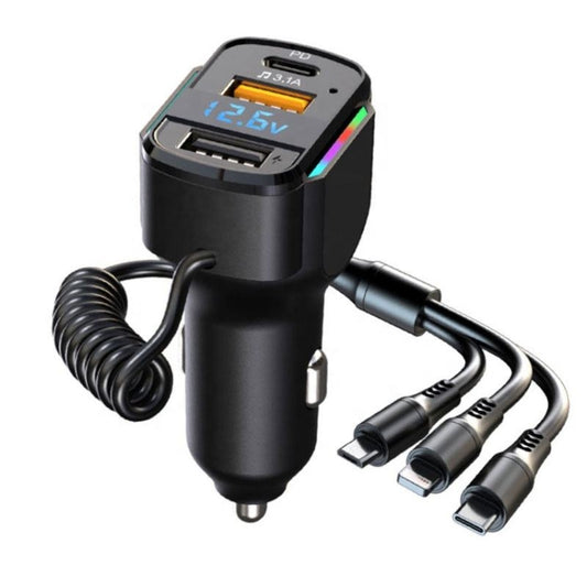 Chargeur rapide de voiture K4 3 en 1 double port PD + USB avec câble de données à ressort, K4