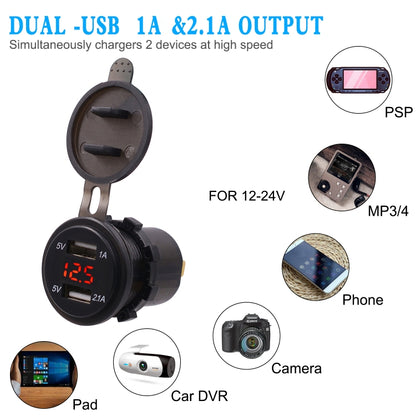 Universal Car Dual Port USB Charger Power Outlet Adapter 3.1A 5V IP66 with LED Digital Voltmeter + 60cm Cable, 3.1A Voltmeter + 60cm Cable(Red Light), 3.1A Voltmeter + 60cm Cable(Blue Light), 3.1A Voltmeter + 60cm Cable(Green Light)