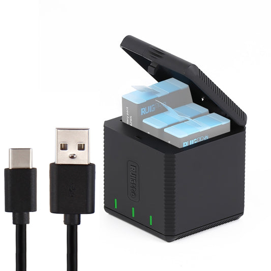 Boîtier de chargeur de batterie triple USB RUIGPRO avec câble et voyant lumineux pour GoPro HERO9 Black / HERO10 Black