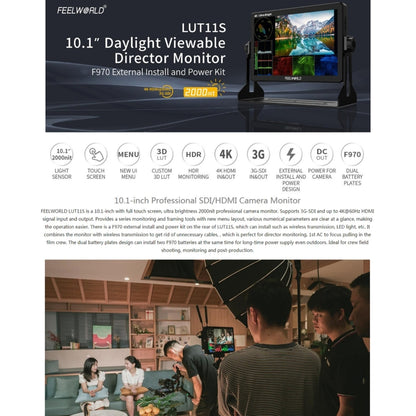 FEELWORLD LUT11S 10.1 inch Ultra High Bright 2000nit Touch Screen DSLR Camera Field Monitor, 3G-SDI 4K HDMI Input Output 1920 x 1200 IPS Panel, LUT11S