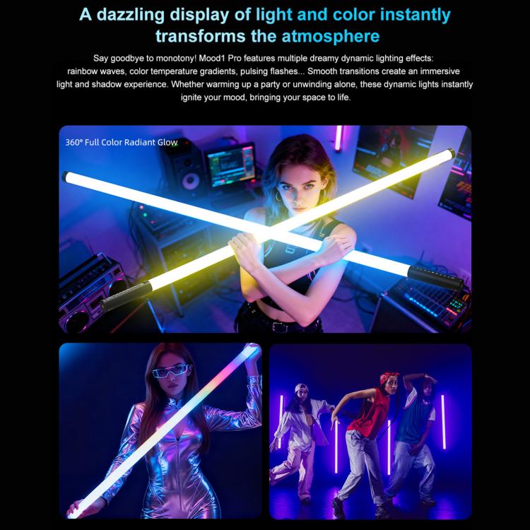 LUXCeO Mood1 Pro 90cm RVB Lumière d'appoint LED portative à rythme coloré pour photos et vidéos, sans trépied, 90cm