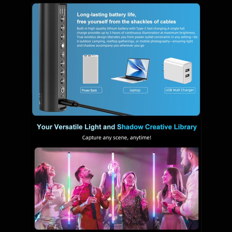 LUXCeO Mood1 Pro 90cm RVB Lumière d'appoint LED portative à rythme coloré pour photos et vidéos, sans trépied, 90cm