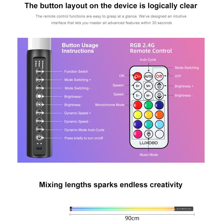LUXCeO Mood1 Pro 90cm RVB Lumière d'appoint LED portative à rythme coloré pour photos et vidéos, sans trépied, 90cm