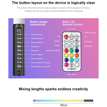 LUXCeO Mood1 Pro 90cm RVB Lumière d'appoint LED portative à rythme coloré pour photos et vidéos, sans trépied, 90cm