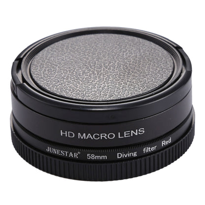 JSR 58mm 16X Macro Lens + Red Diving Lens Filter with Lens Cover + Lens Filter Ring Adapter + String + Cleaning Cloth for GoPro HERO6 /5 Dive Housing, For HERO6 /5