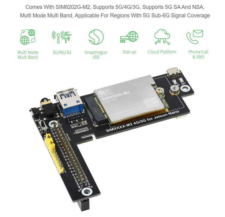 Waveshare SIM8202G-M2 5G Snapdragon X55 Multi Mode Multi Band 5G/4G/3G Module Expand Board for Jetson Nano, US Plug, SIM8202G-M2 US Plug