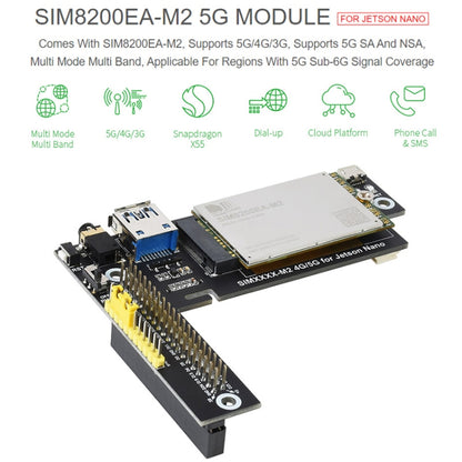 Waveshare SIM8200EA-M2 5G Snapdragon X55 Multi Mode Multi Band 5G/4G/3G Module Expand Board for Jetson Nano, EU Plug, SIM8200EA-M2 EU Plug