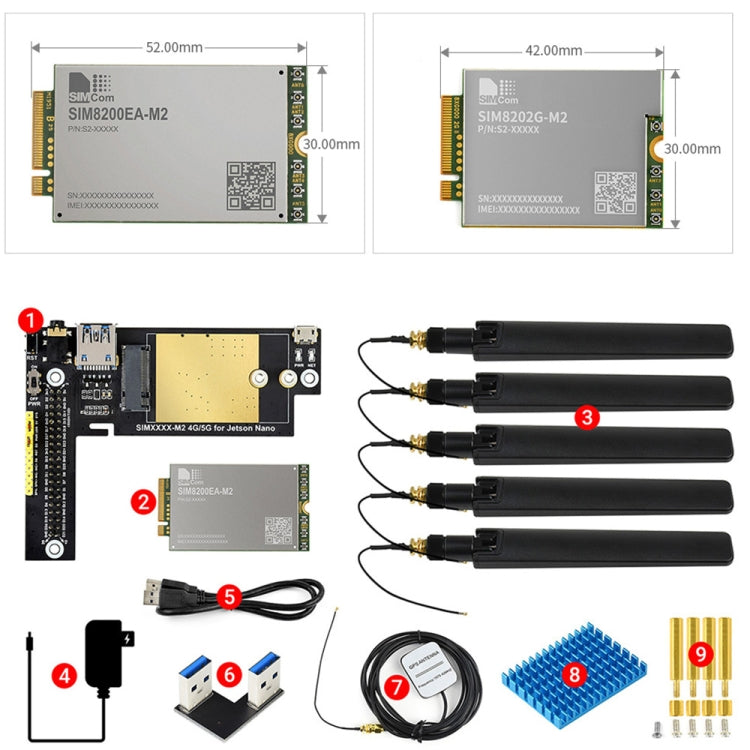 Waveshare SIM8200EA-M2 5G Snapdragon X55 Multi Mode Multi Band 5G/4G/3G Module Expand Board for Jetson Nano, EU Plug, SIM8200EA-M2 EU Plug