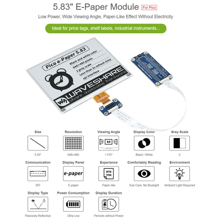 Module d'affichage E-Paper E-Ink noir et blanc Waveshare 5,83 pouces 648x480 pixels pour Raspberry Pi Pico, interface SPI, 20126