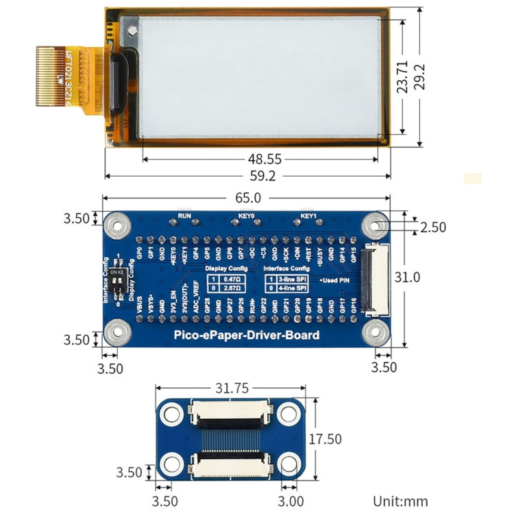 Module d'affichage flexible e-paper e-ink Waveshare 2,13 pouces 212 x 104 pixels noir/blanc pour Raspberry Pi Pico, interface SPI, 20124