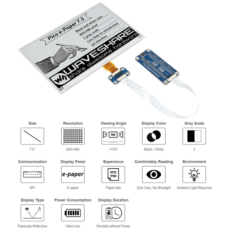 Module d'affichage E-Paper E-Ink noir et blanc Waveshare de 7,5 pouces 800 x 480 pixels pour Raspberry Pi Pico, interface SPI, 20128