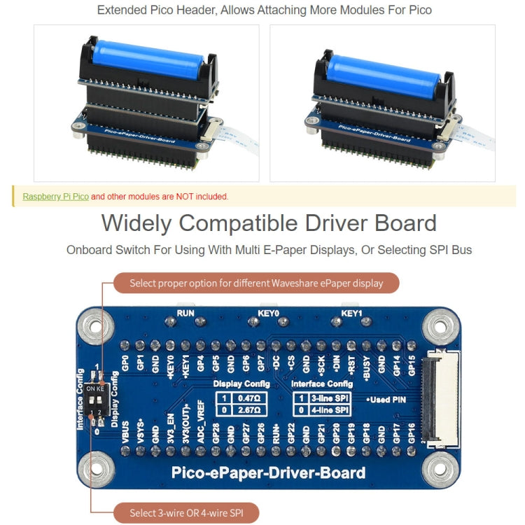 Waveshare 7.5 inch 800x480 Pixel Red Black White E-Paper E-Ink Display Module (B) for Raspberry Pi Pico, SPI Interface, 20129