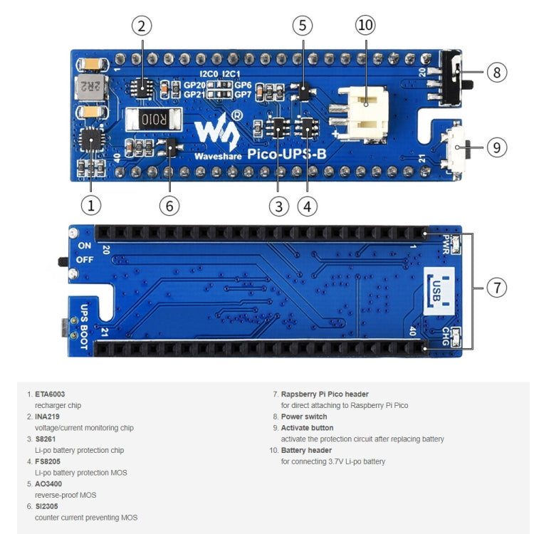 Module UPS Waveshare Alimentation sans interruption Module de batterie Li-Po 600mAh Carte empilable pour Raspberry Pi Pico, UPS