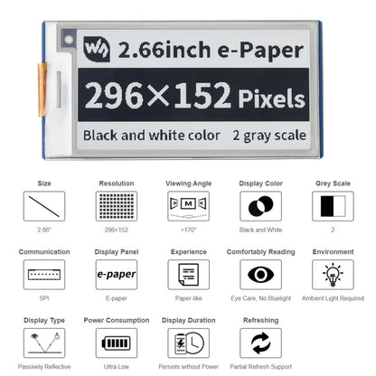 Module d'affichage E-Paper E-Ink Waveshare 2,66 pouces 296 x 152 pixels Noir / Blanc pour Raspberry Pi Pico, Interface SPI, 20052
