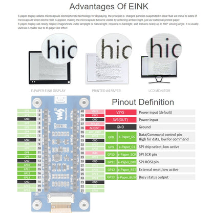 Module d'affichage E-Paper E-Ink Waveshare 2,66 pouces 296 x 152 pixels Noir / Blanc pour Raspberry Pi Pico, Interface SPI, 20052