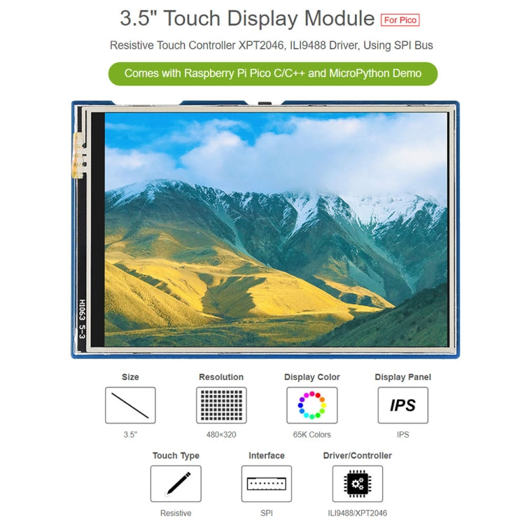 WAVESHARE 3.5 inch 65K Colors 480 x 320 Touch Display Module for Raspberry Pi Pico, SPI Interface, 3.5 inch