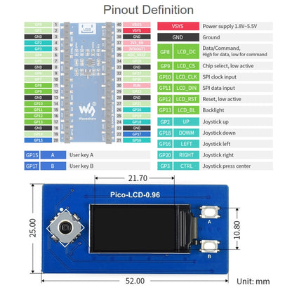 Module d'affichage LCD WAVESHARE 65 000 couleurs 160 x 80 pixels 0,96 pouce pour Raspberry Pi Pico, SPI