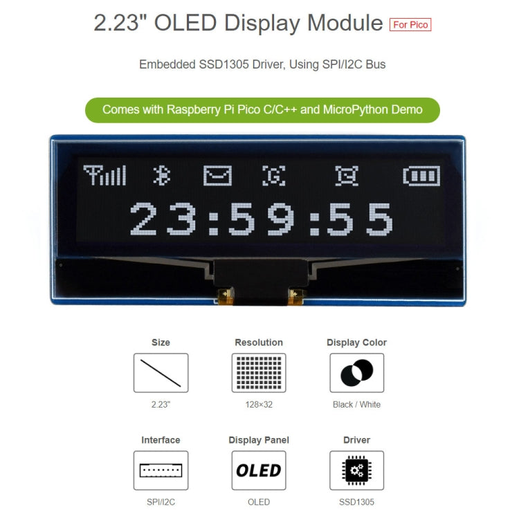 WAVESHARE Module d'affichage OLED 128 x 32 pixels de 2,23 pouces pour Raspberry Pi Pico, SPI/I2C, 19750