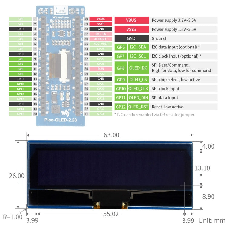 WAVESHARE Module d'affichage OLED 128 x 32 pixels de 2,23 pouces pour Raspberry Pi Pico, SPI/I2C, 19750