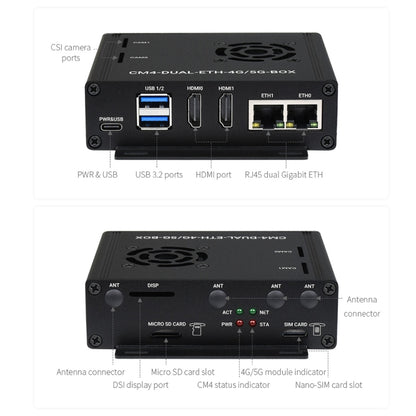 Waveshare Dual Gigabit Ethernet 5G/4G Computer Box with Cooling Fan for Raspberry Pi CM4