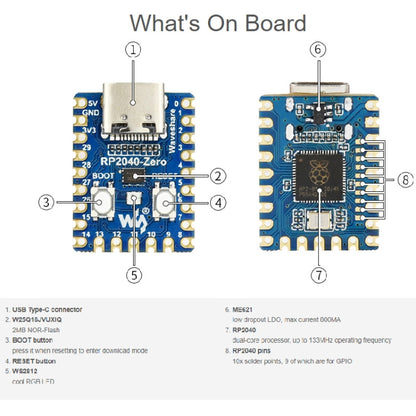 Waveshare RP2040-Zero Pico-like MCU Board Based on Raspberry Pi MCU RP2040, with Pinheader mini Version, 20335