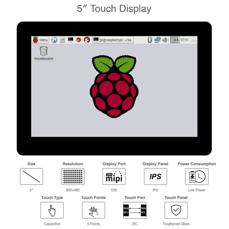 Écran tactile capacitif IPS Waveshare 5 pouces 800 x 480 pour Raspberry Pi, interface DSI