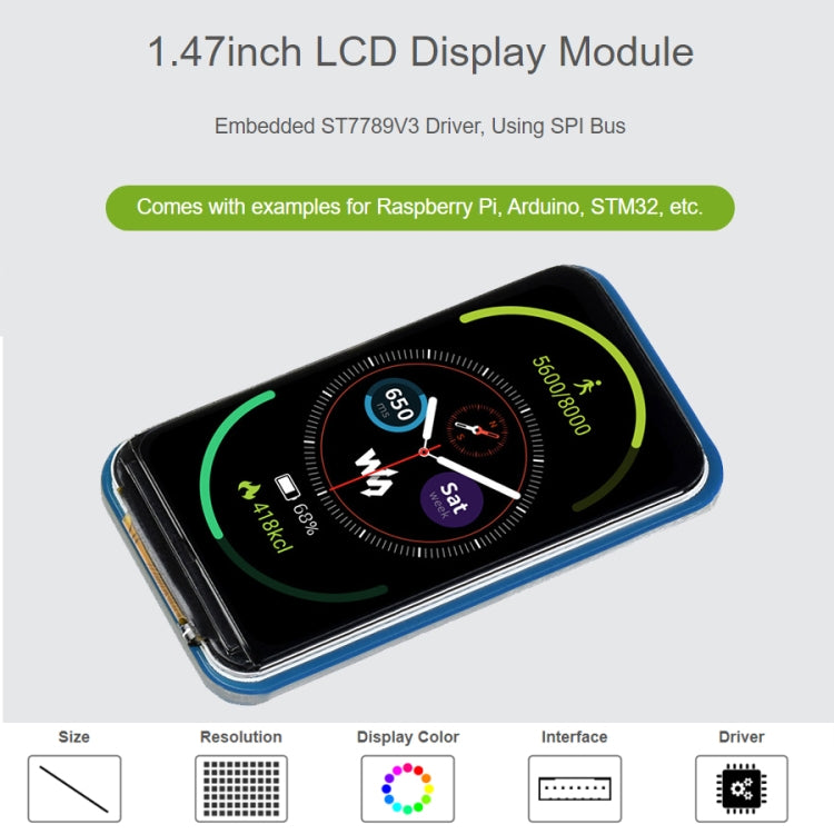 Module d'affichage LCD WAVESHARE 1,47 pouces, coins arrondis, résolution 172 x 320, interface SPI