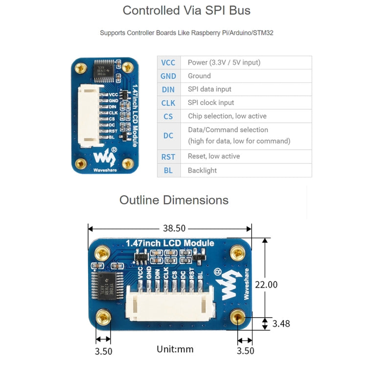 Module d'affichage LCD WAVESHARE 1,47 pouces, coins arrondis, résolution 172 x 320, interface SPI
