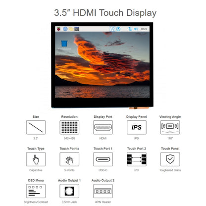 Écran LCD IPS tactile capacitif HDMI Waveshare de 3,5 pouces (E), 640 x 480, prise audio, prise audio 3,5 pouces