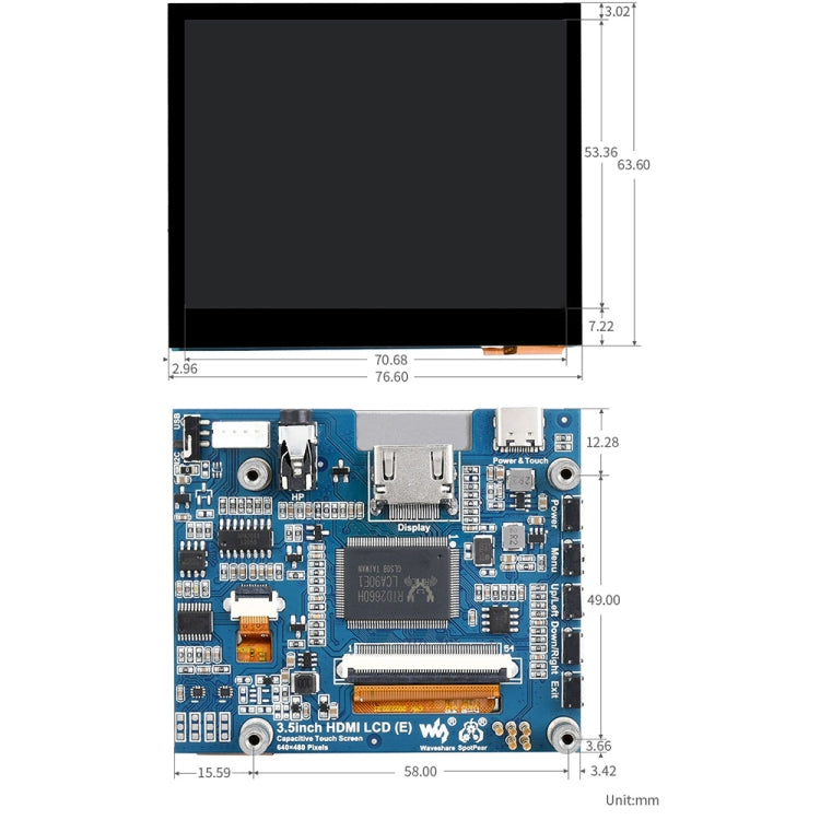 Écran LCD IPS tactile capacitif HDMI Waveshare de 3,5 pouces (E), 640 x 480, prise audio, prise audio 3,5 pouces