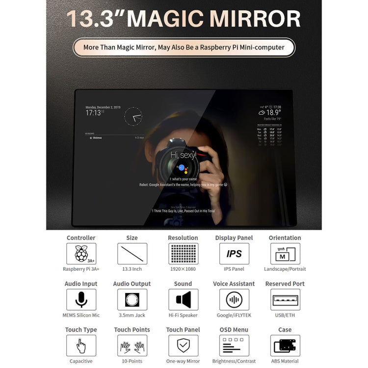 Waveshare 13,3 pouces Magic Mirror, assistant vocal, contrôle tactile