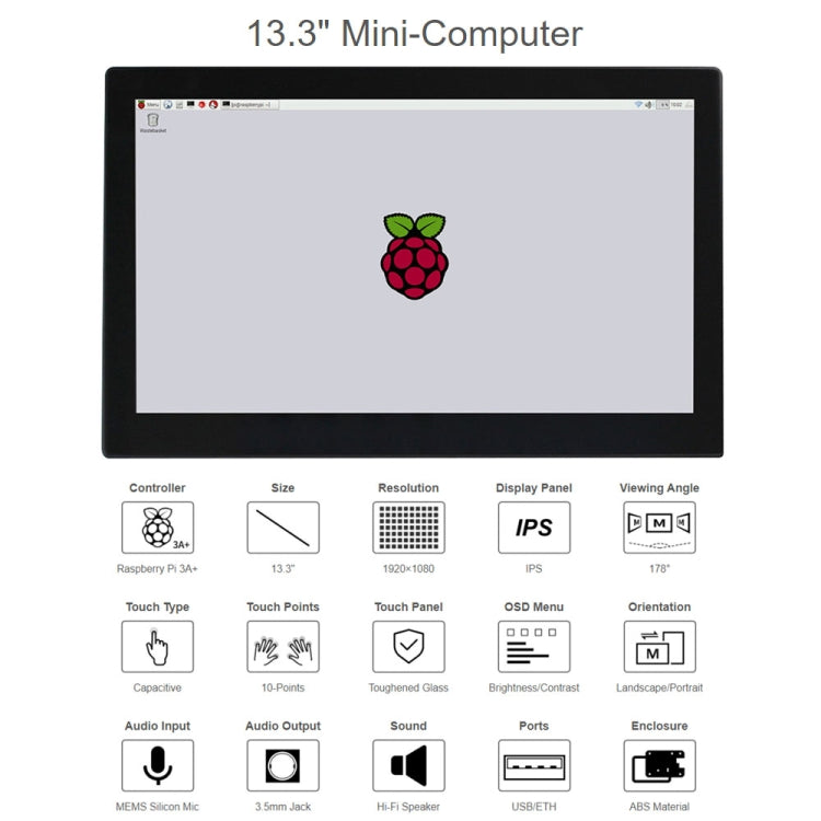 Mini-ordinateur Waveshare 13,3 pouces alimenté par Raspberry Pi 3A+, écran tactile HD