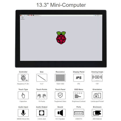Mini-ordinateur Waveshare 13,3 pouces alimenté par Raspberry Pi 3A+, écran tactile HD