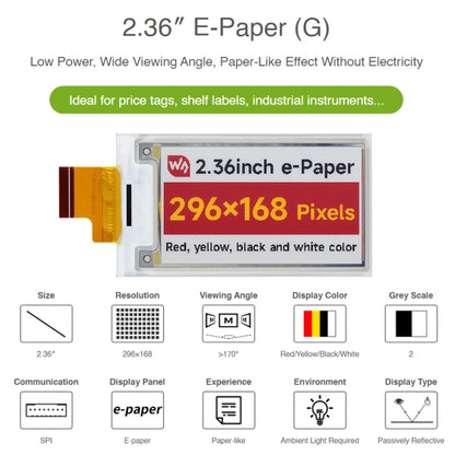 Waveshare 2,36 pouces 296 x 168 E-Paper (G) à panneau d'affichage brut Rouge Jaune Noir Blanc, 22752