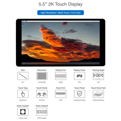 Écran LCD tactile capacitif IPS Waveshare 5,5 pouces 1440 x 2560 2K pour Raspberry Pi, interface HDMI, 5,5 pouces