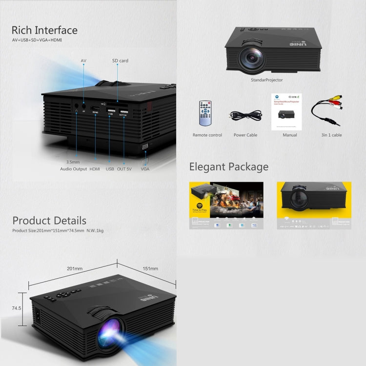 UC68+ 40ANSI 1024 x 600P Home Theater Multimedia HD LED Projector,  Support USB/SD/HDMI/VGA/IR, UC46+ Black