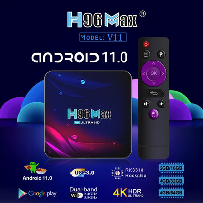 H96 Max V11 4K Smart TV BOX Android 11.0 Media Player with Remote Control, RK3318 Quad-Core 64bit Cortex-A53, RAM: 4GB, ROM: 32GB, Support Dual Band WiFi, Bluetooth, Ethernet, EU Plug